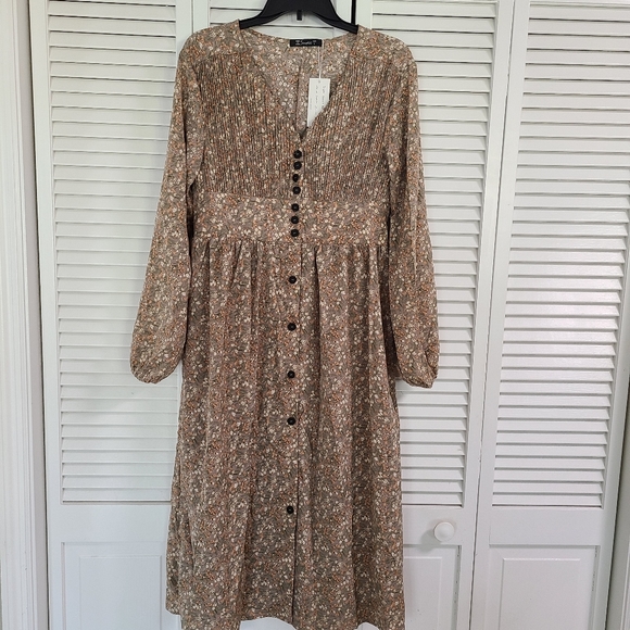 Simplee Retro pleated v-neck buttons A-line floral dress Large Sage/Tan - Picture 4 of 6